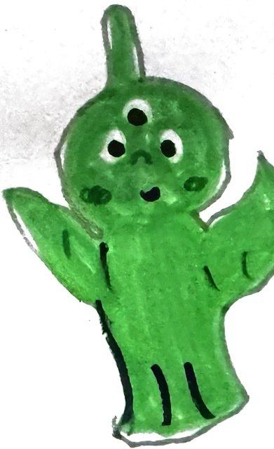 Desenho do João: ET verde de três olhos e braços para cima