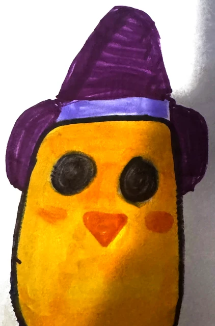 Desenho do João: patinho amarelo de chapéu roxo de bruxo
